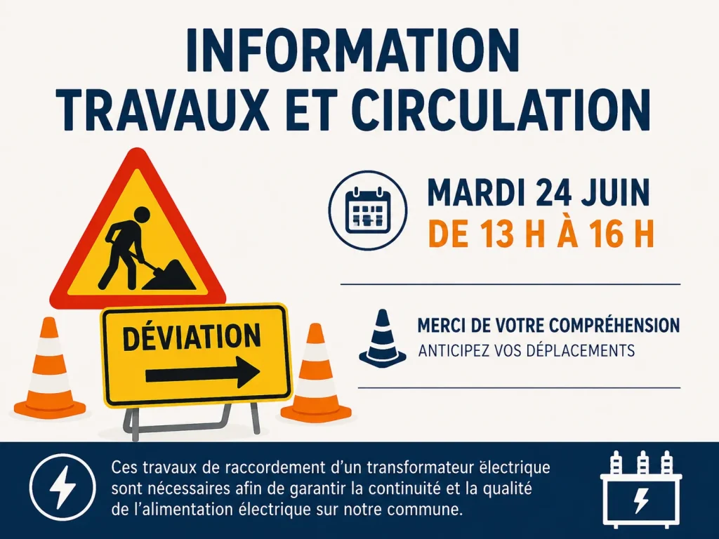 Lire la suite de l'actualité Travaux de raccordement d’un transformateur électrique    le 24 juin de 13 h à 16 h.